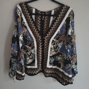 Free People Black and Blue Patterned Blouse